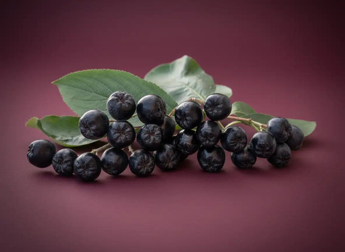 Un amas de baies noires lustrées avec un éclat subtil, attachées à des tiges vertes élancées et accompagnées de feuilles larges et vibrantes.
