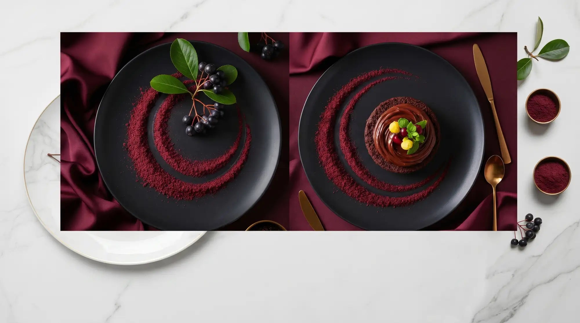 Assiettes en céramique noires avec des tourbillons de poudre rouge foncé et des desserts garnis.
