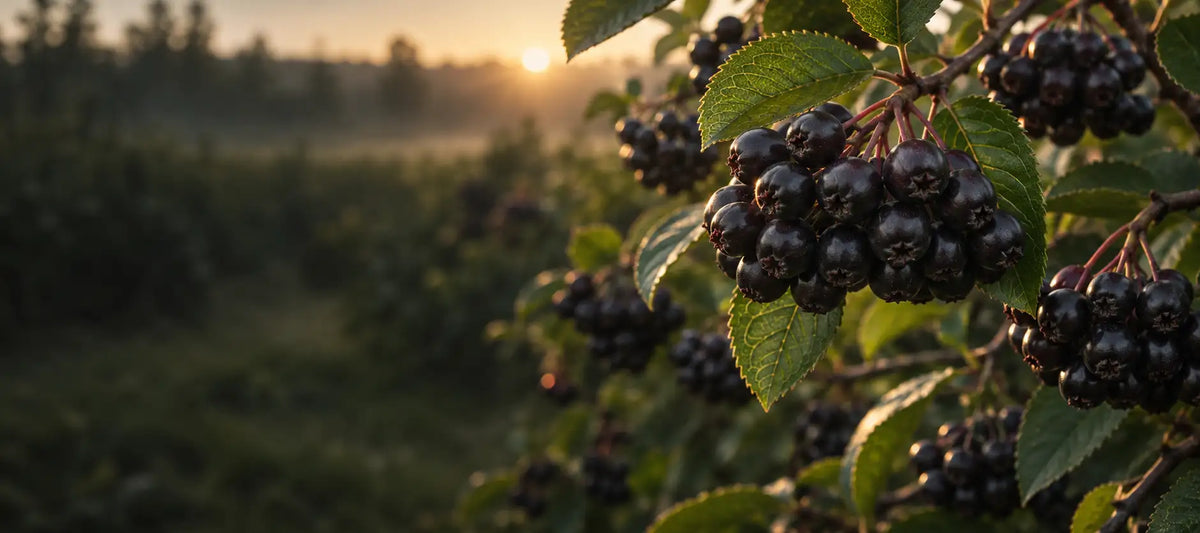 Des grappes de baies noires sombres et luisantes pendent d’une branche aux feuilles vertes sur un fond de lever de soleil doux.