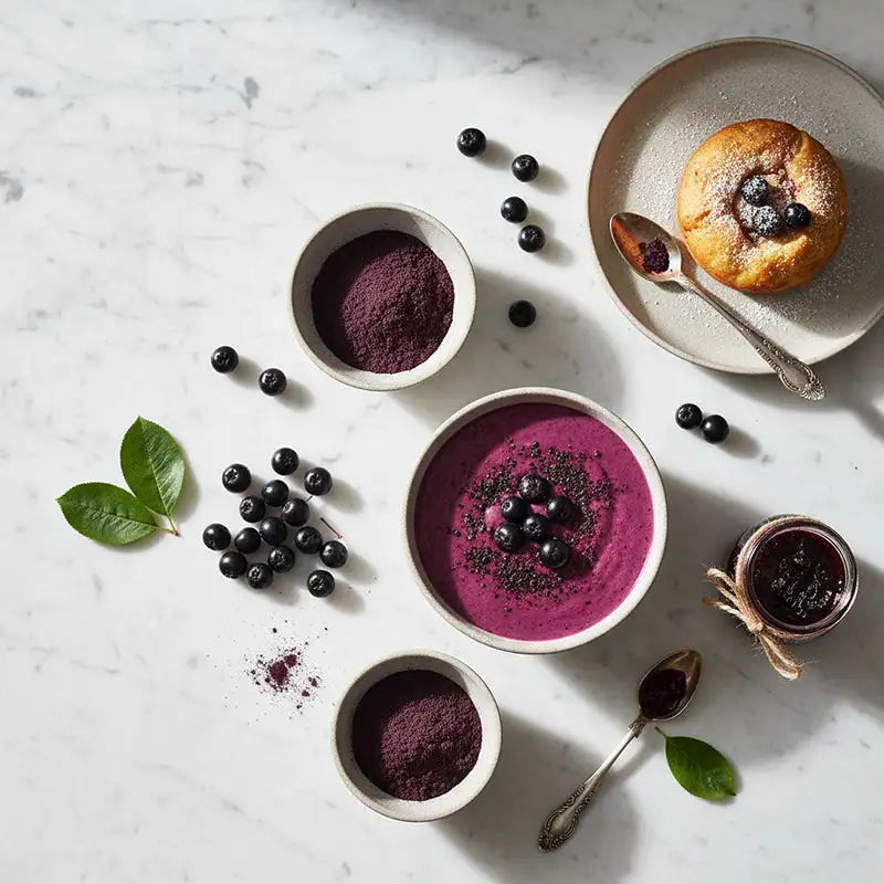 Un smoothie violet vif dans un bol en céramique, garni de myrtilles fraîches et de graines de chia foncées.
